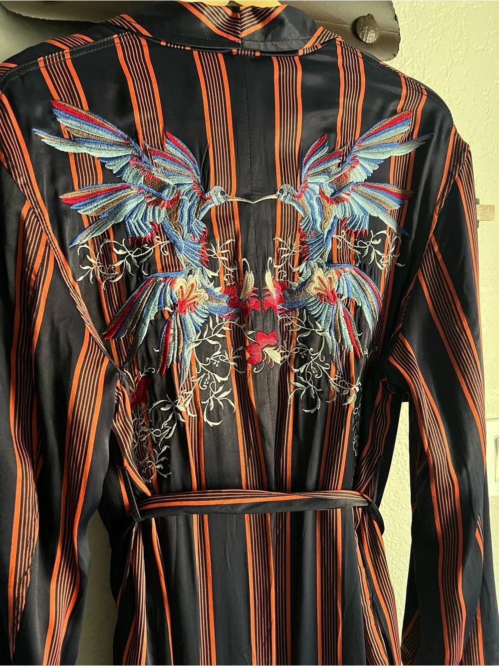 Free People Black Robe/Duster with Red Stripe and Multicolor Embroidered Wings